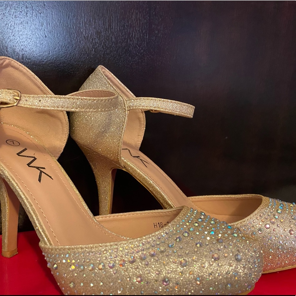 Silver, shiny, heels.